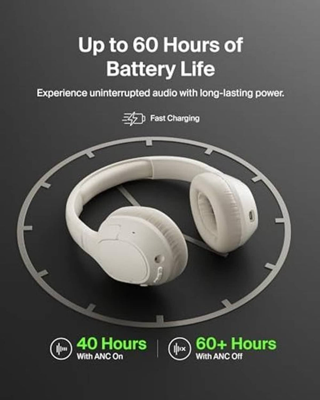 Cream over-ear ANC headphones with plush ear pads and battery life shown by circular meter