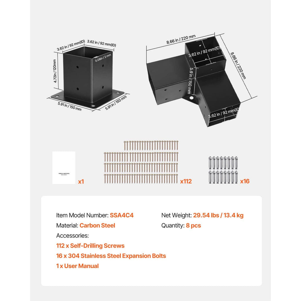 Inner corner bracket kit diagram with hardware screws included and labeled size details