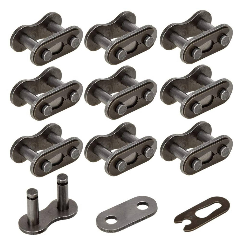 Dark metal roller chain master link connector, multi-pack view with side plates