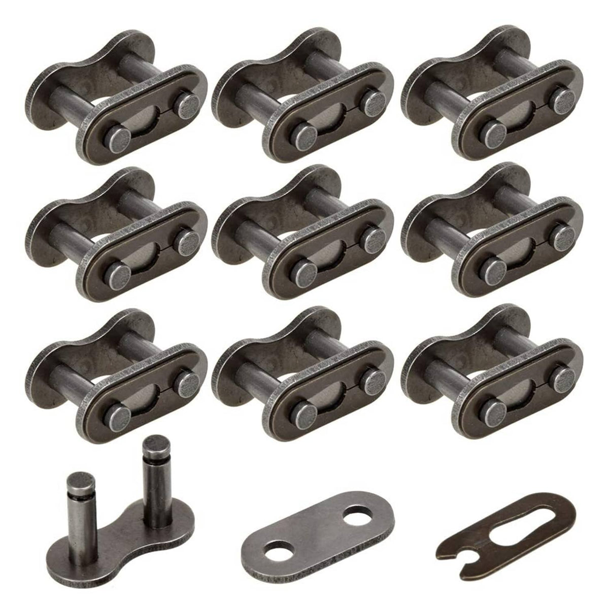 Dark metal roller chain master link connector, multi-pack view with side plates