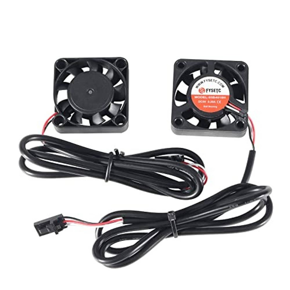 Two square cooling fans with black frames and long bundled wire harness