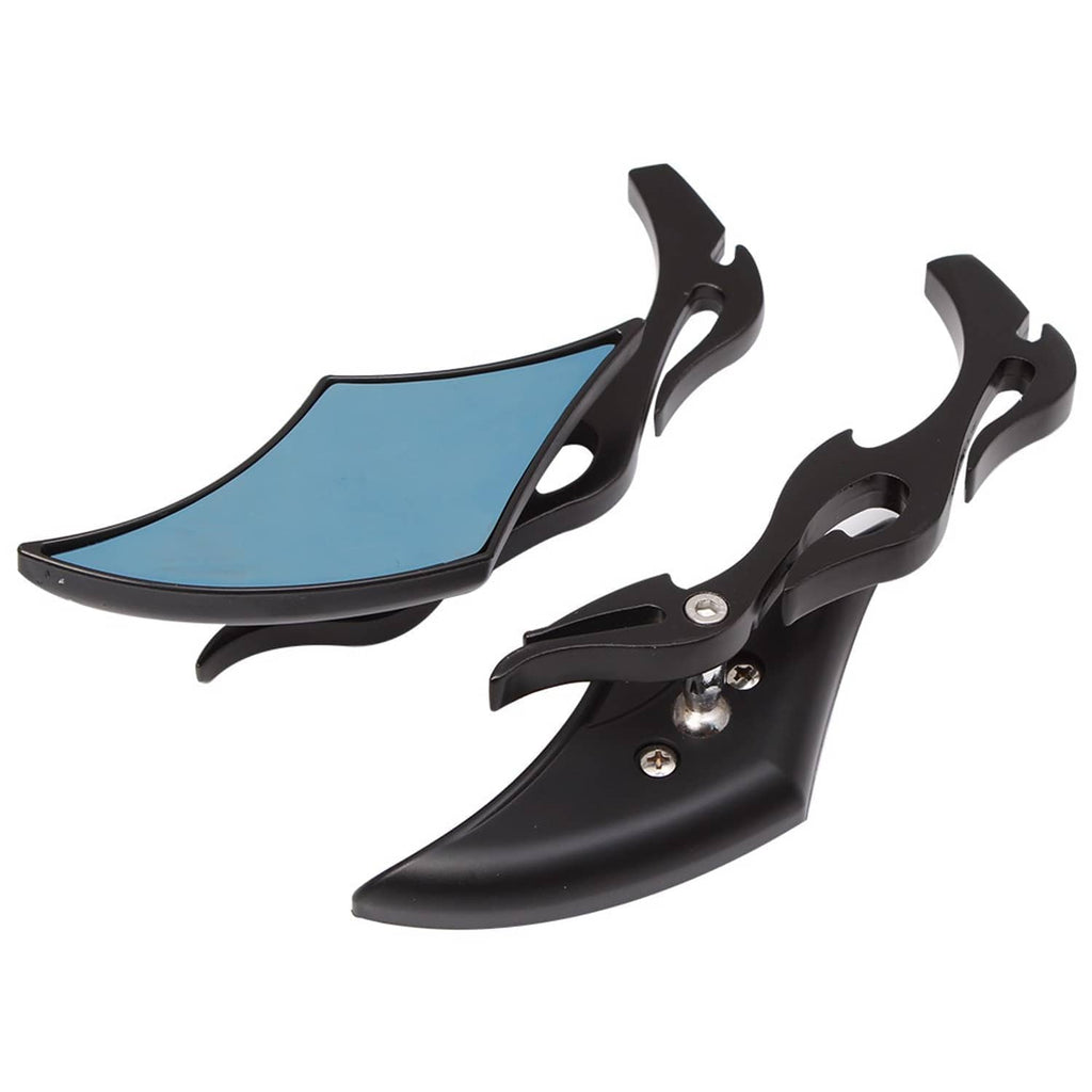 Pair of black motorcycle rearview mirrors with blue lenses and sculpted housing