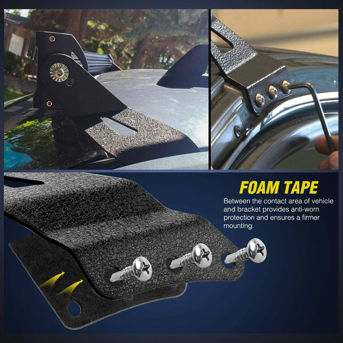 Curved black LED light bar brackets with foam tape backing and included mounting screws