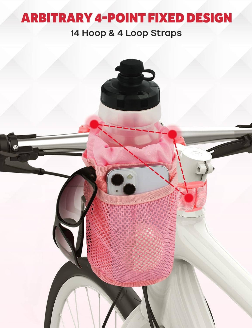 Pink handlebar-mounted water bottle holder with anti-slip straps and mesh pocket