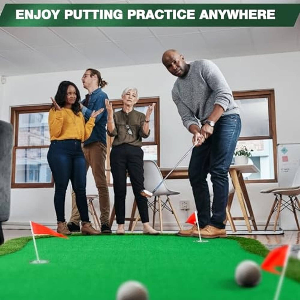 Green artificial golf putting green mat with cup flags, used for indoor practice
