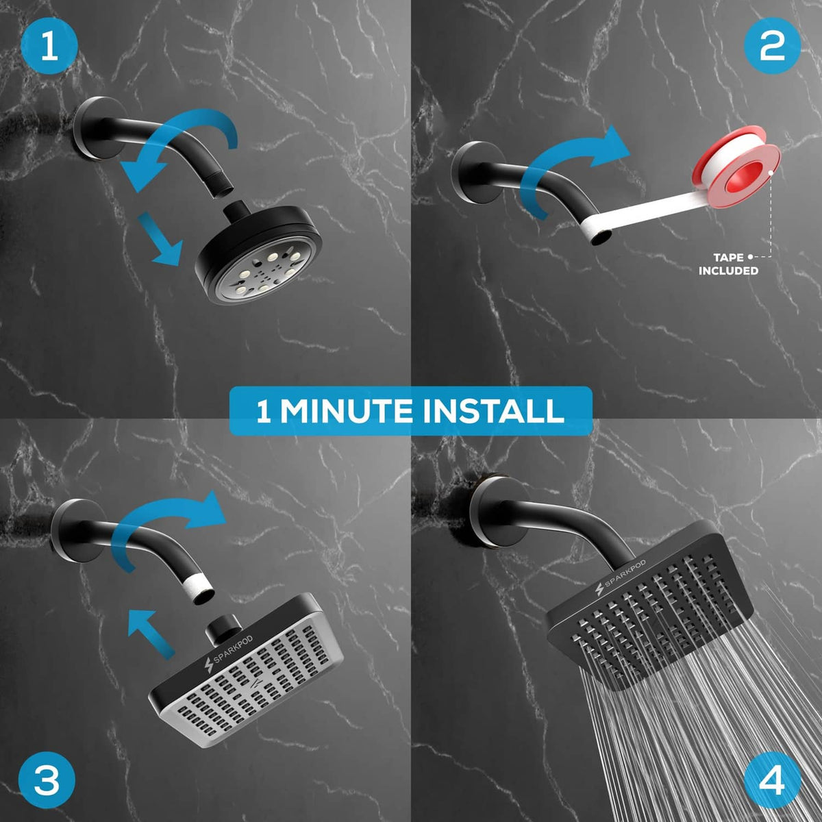 Midnight black rain shower head with wall-mount arm and multi-stream spray face