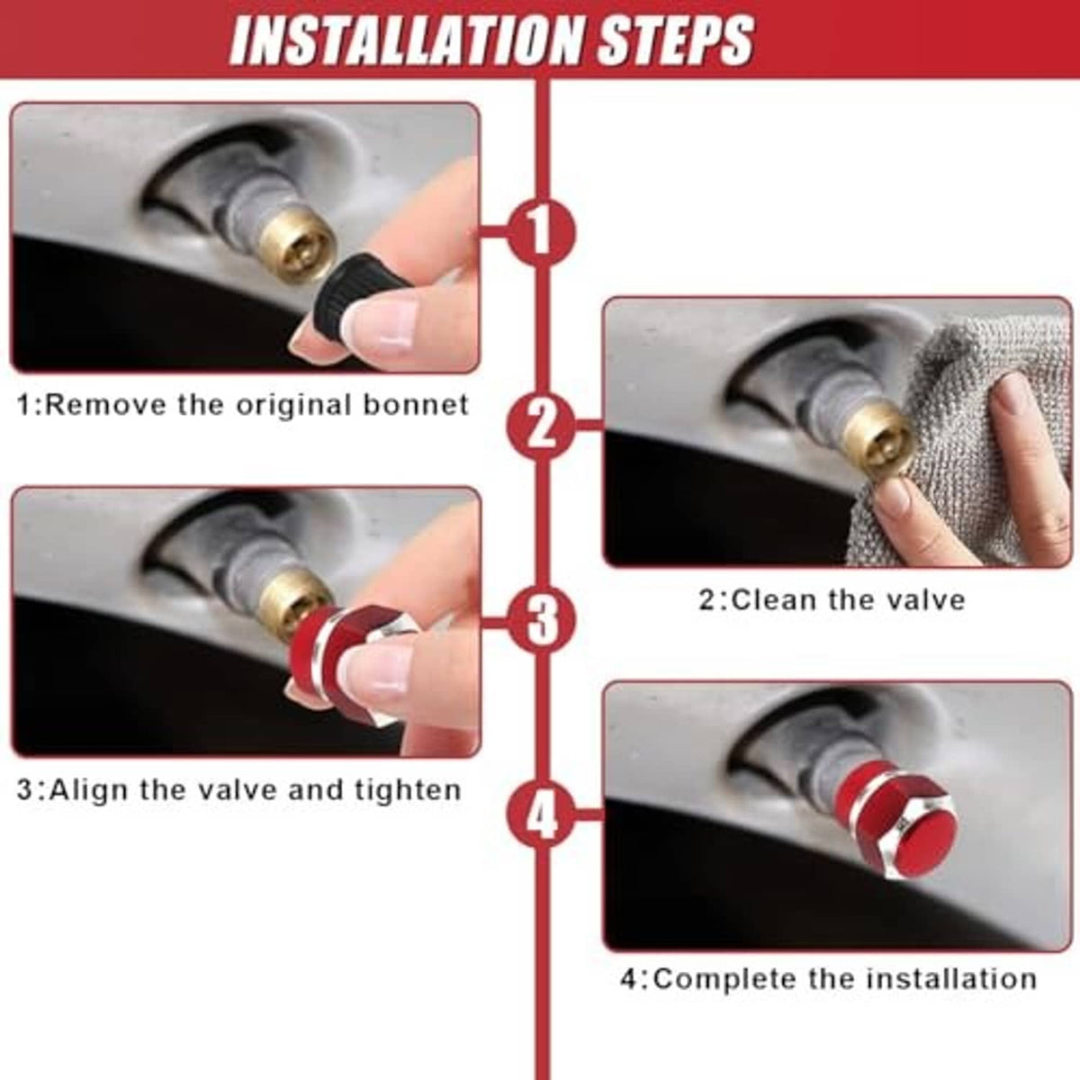 Red tire valve stem cap with chrome hex collar shown during installation steps.