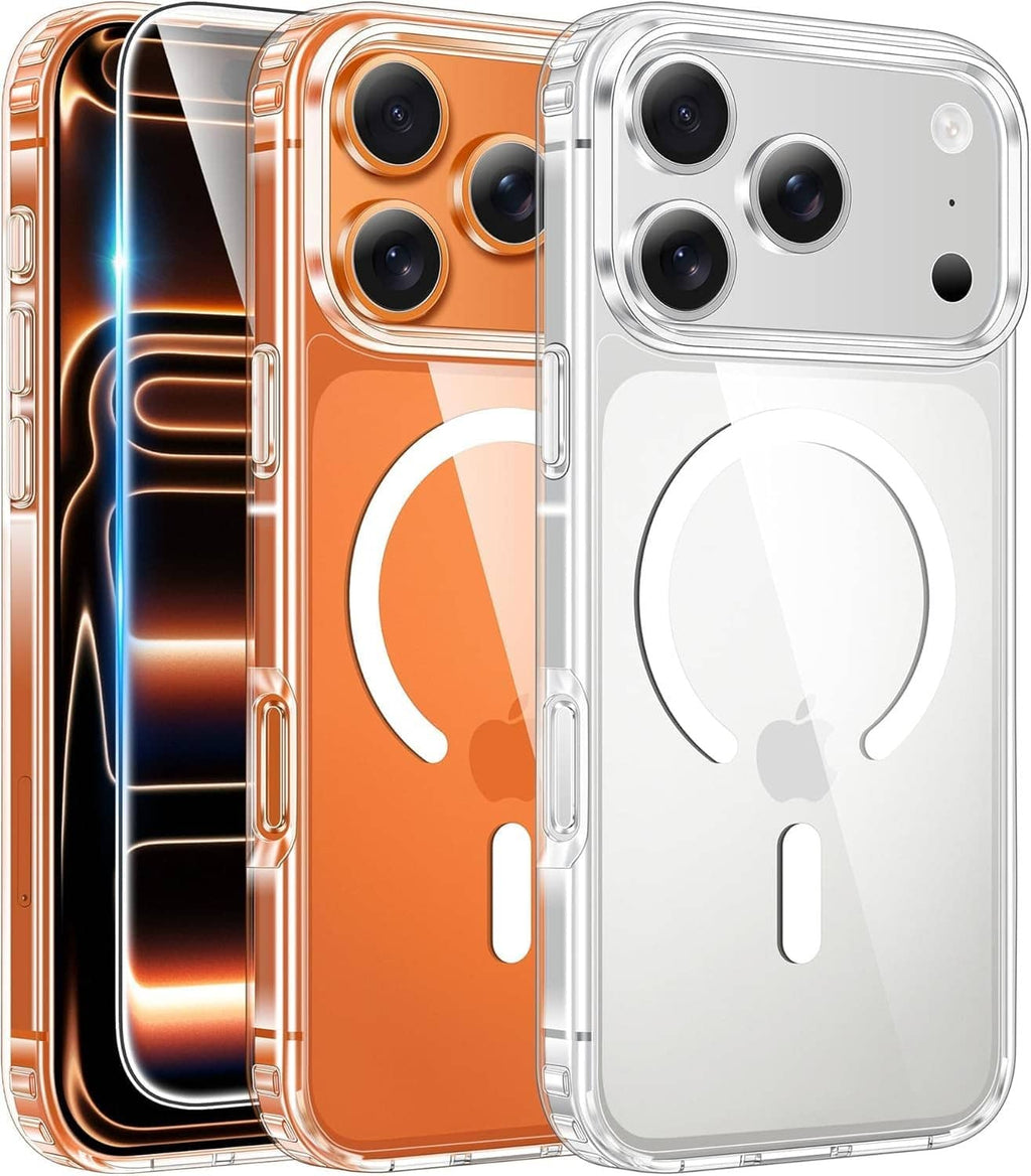Clear iPhone 17 Pro Max case with transparent bumper and camera cutouts