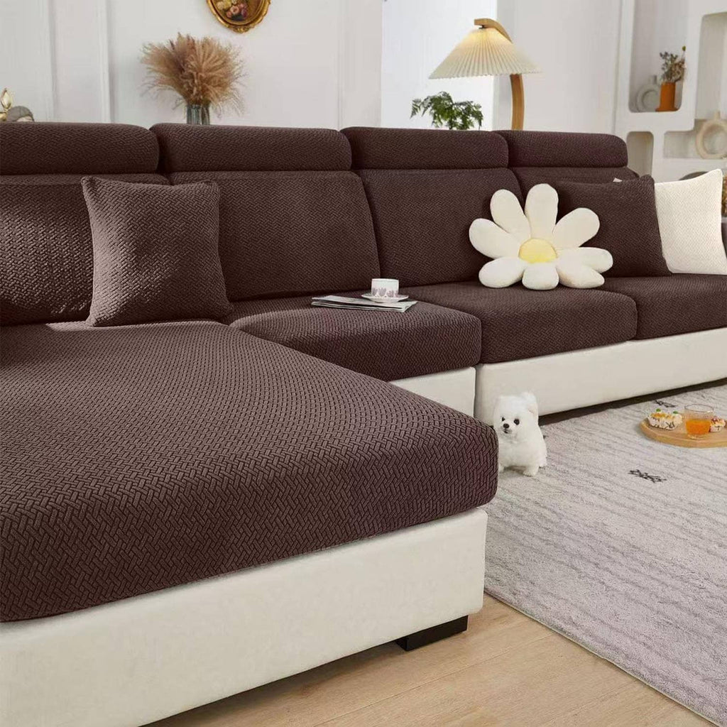 Texture brown sofa cover set with fitted cushion and backrest sections