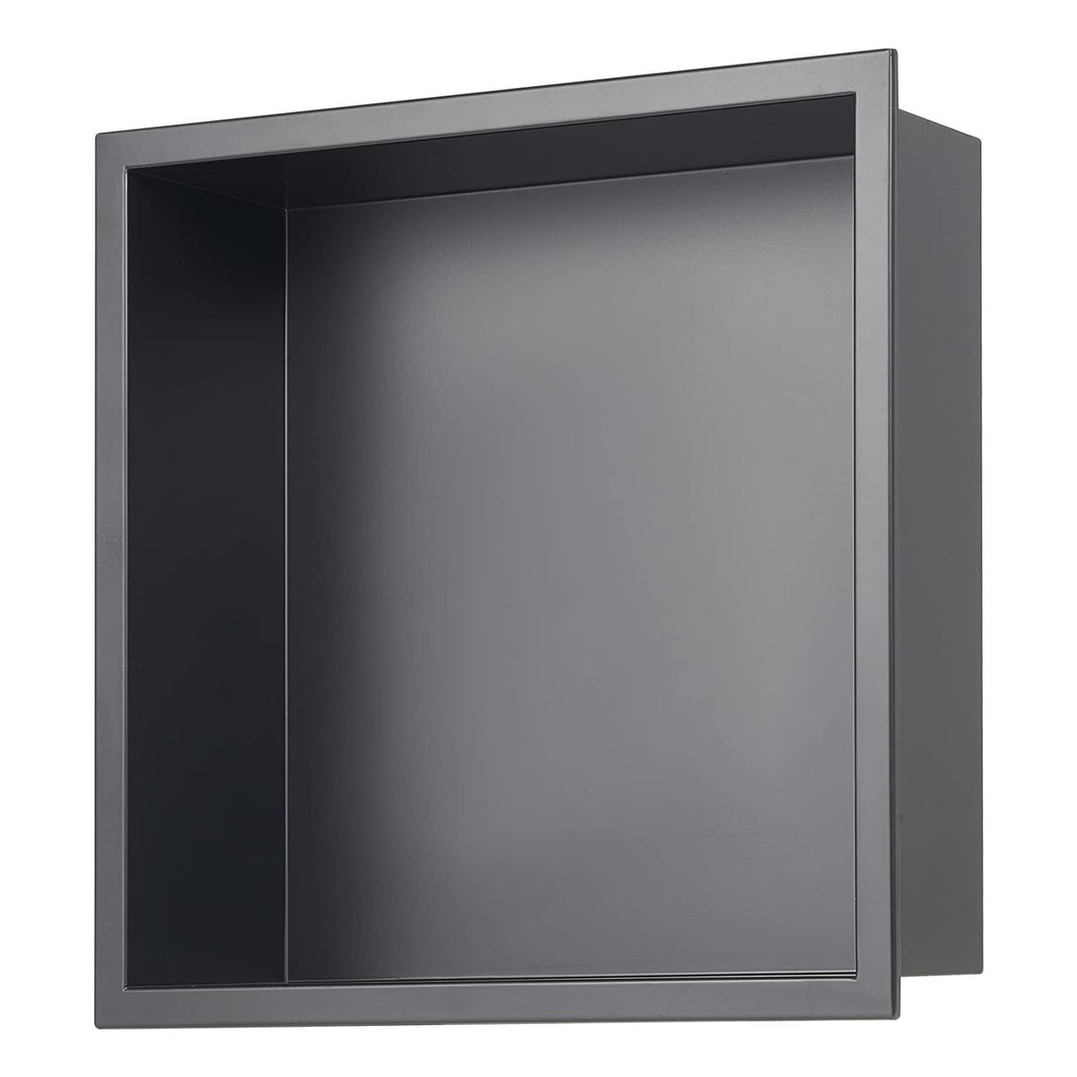 Black recessed shower wall shelf niche, square opening with stainless metal frame