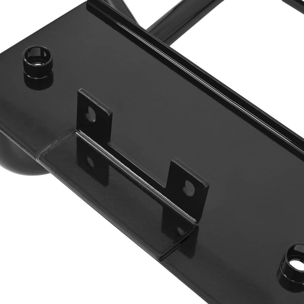 Close-up of black bumper brush guard front mounting holes and bracket tabs