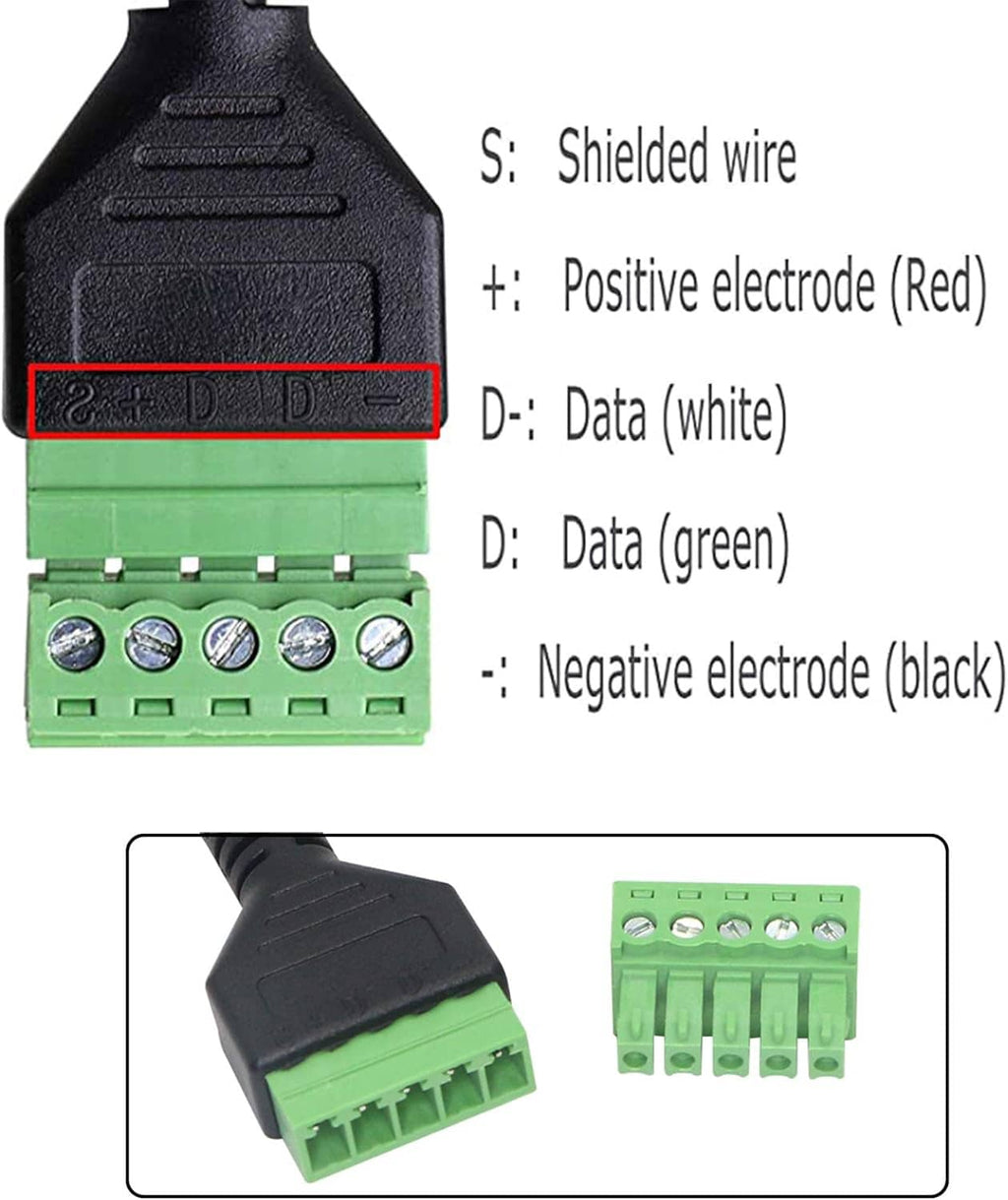 Green screw terminal block with labeled shielded and data wiring terminals