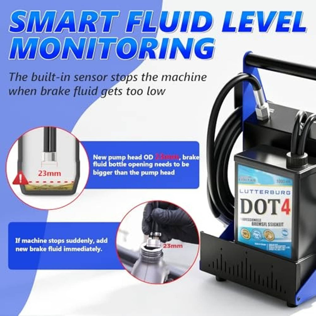 Brake fluid bleeder with fluid level monitoring sensor and side-mounted bottle