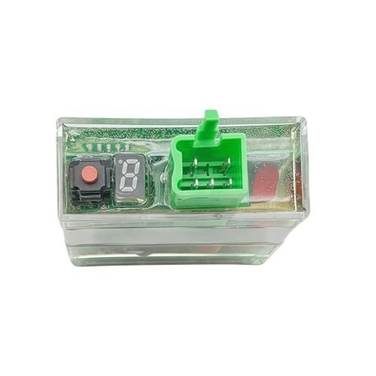 Compact CDI box ignition control unit with green connector, clear case, and digital LED display
