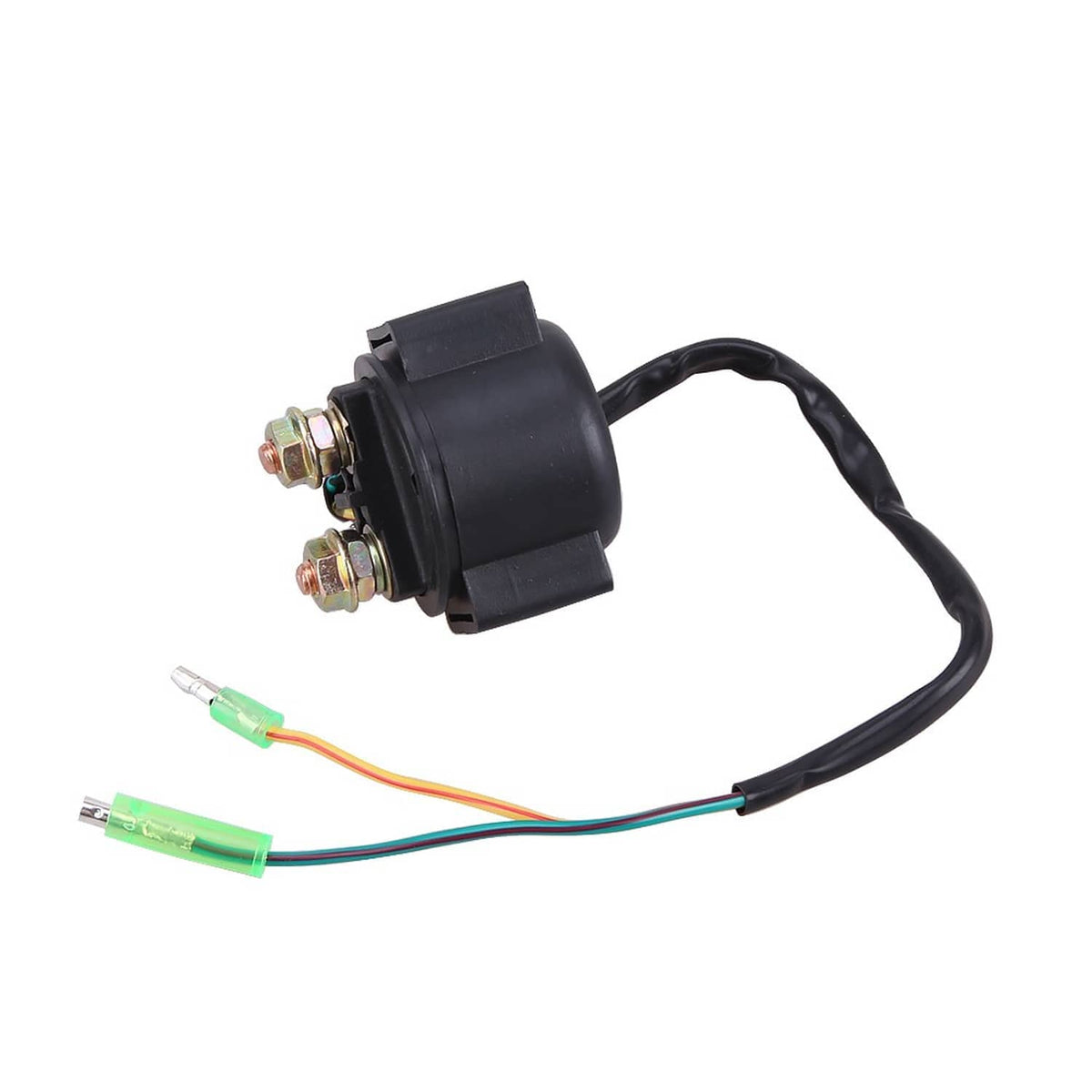 Black starter relay solenoid with wiring harness and two ring terminals