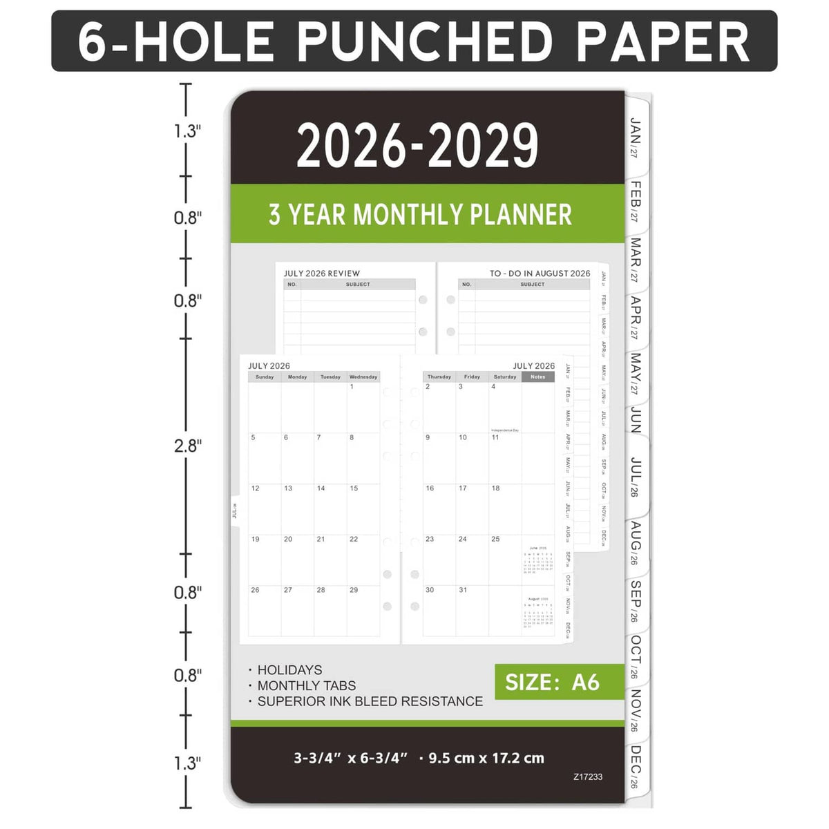 Black 6-hole punched A6 monthly planner refill, 2026-2029, 3-year monthly layout