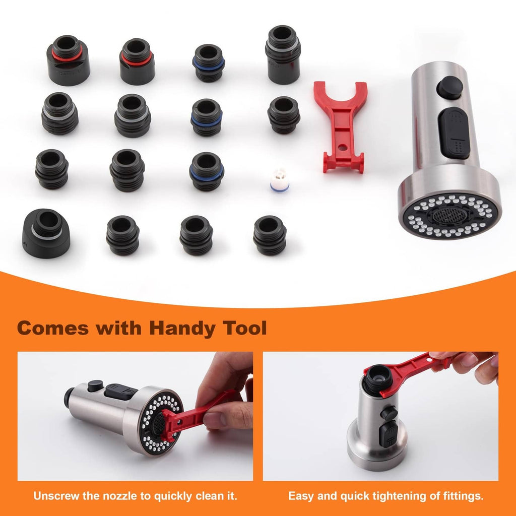 Brushed nickel spray head with included adapters and handy tightening tool