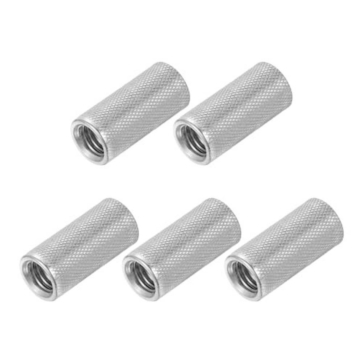 Set of round knurled connector nuts in silver, each with inner threaded opening