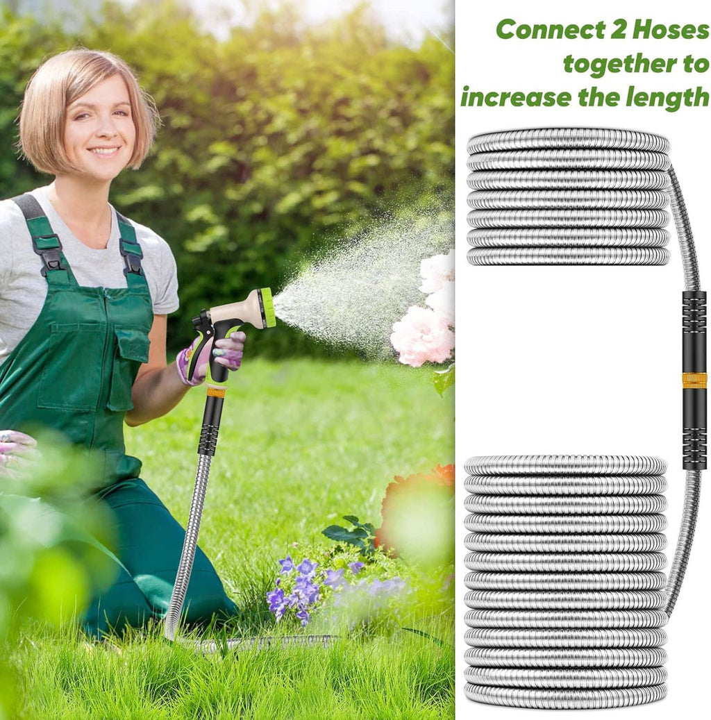 Stainless steel garden hose with green spray nozzle and coiled tubing for extended length