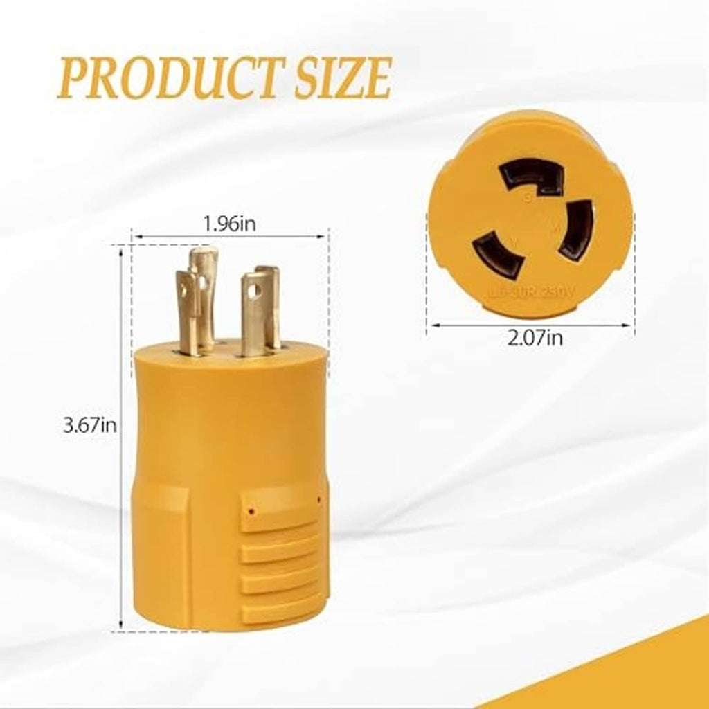 Yellow twist-lock adapter plug, upright view with two metal prongs and grip section