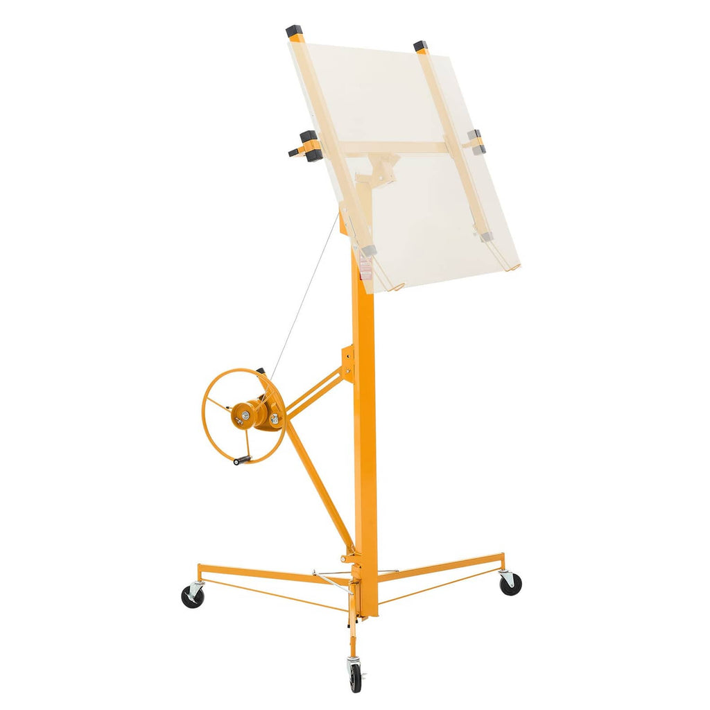 Orange drywall hoist lifter with winch crank, adjustable arm, and four caster wheels.