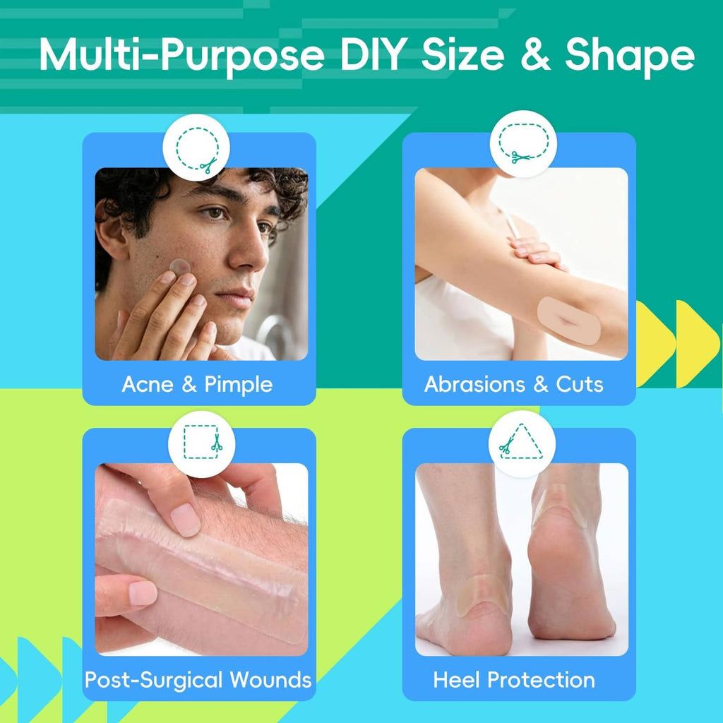 Hydrocolloid roll multi-purpose DIY sizing graphic with roll and wound use photos