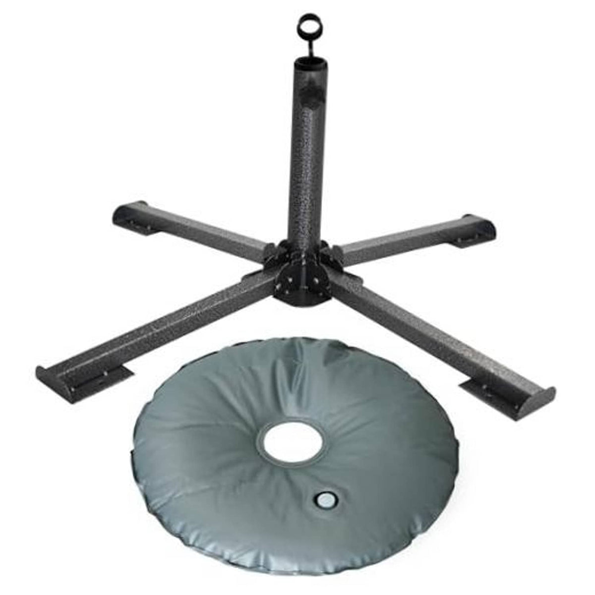 Black umbrella stand base with cross arms and round water-weight bag