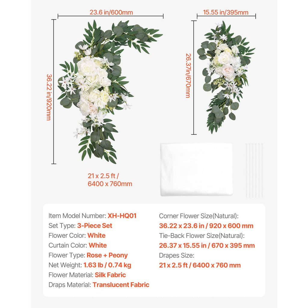 Two-piece corner flower and tie-back flower kit with white sheer drapes and greenery