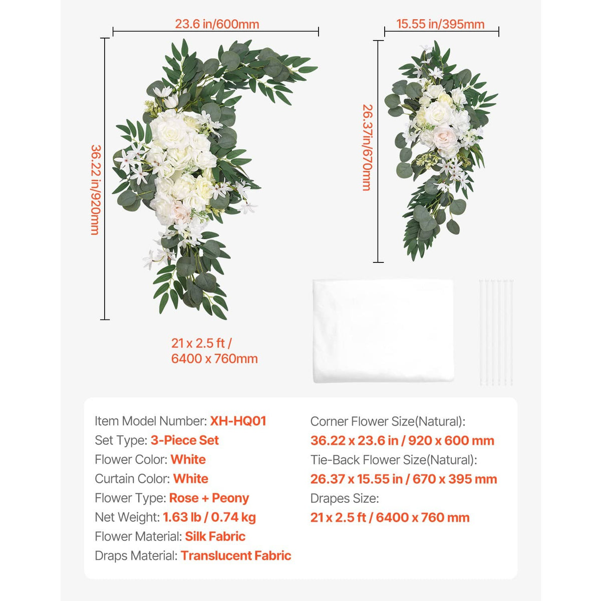 Two-piece corner flower and tie-back flower kit with white sheer drapes and greenery