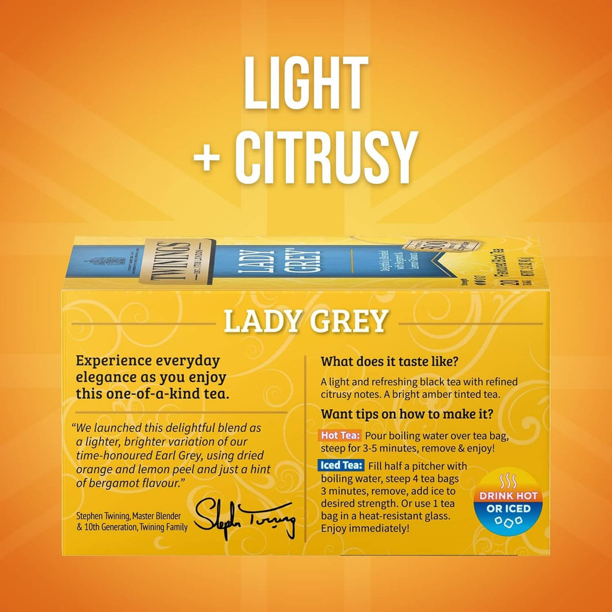 Twinings Lady Grey tea box with “Light + Citrusy” panel and brewing information