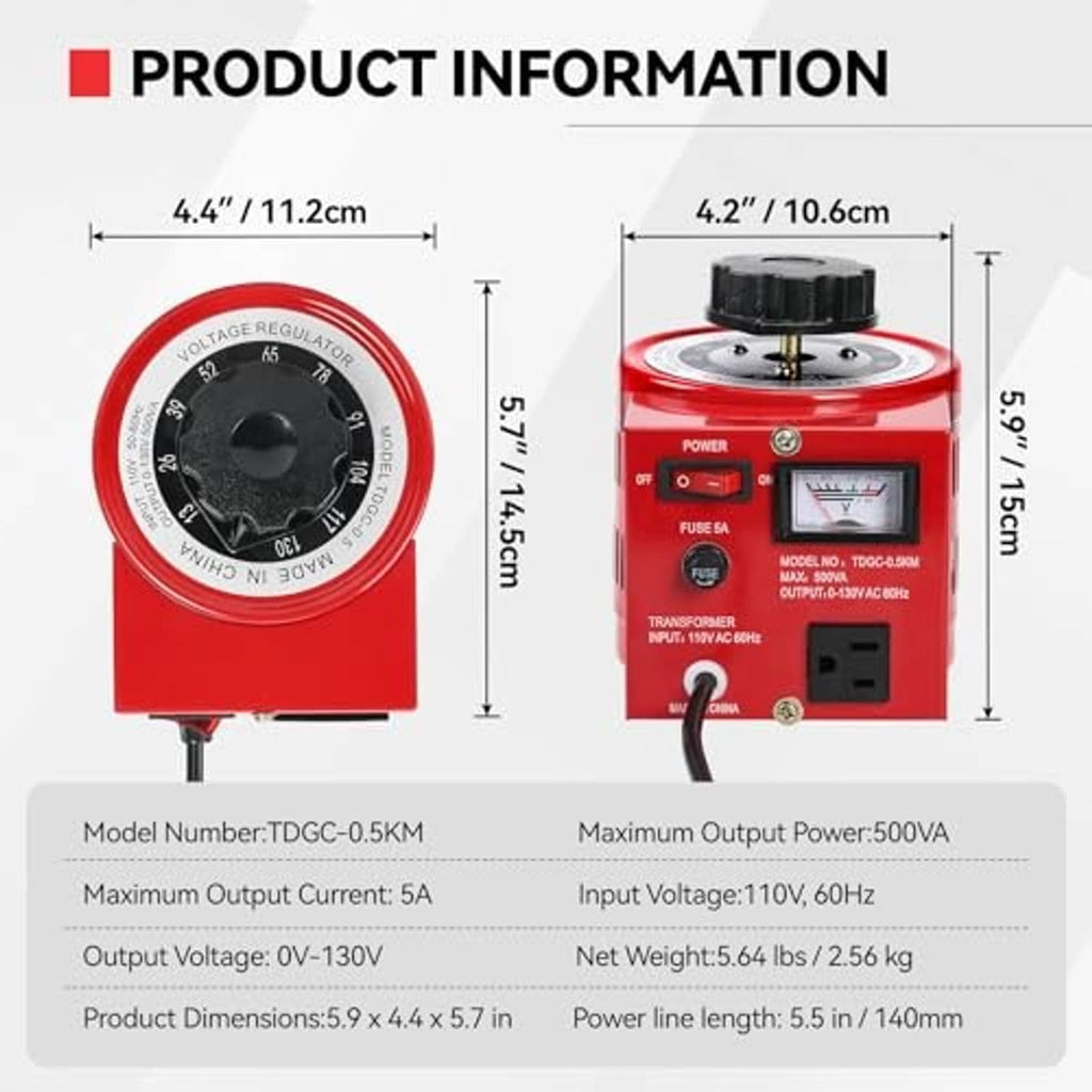 Red voltage transformer front with control dial, voltmeter window, and dimension diagram