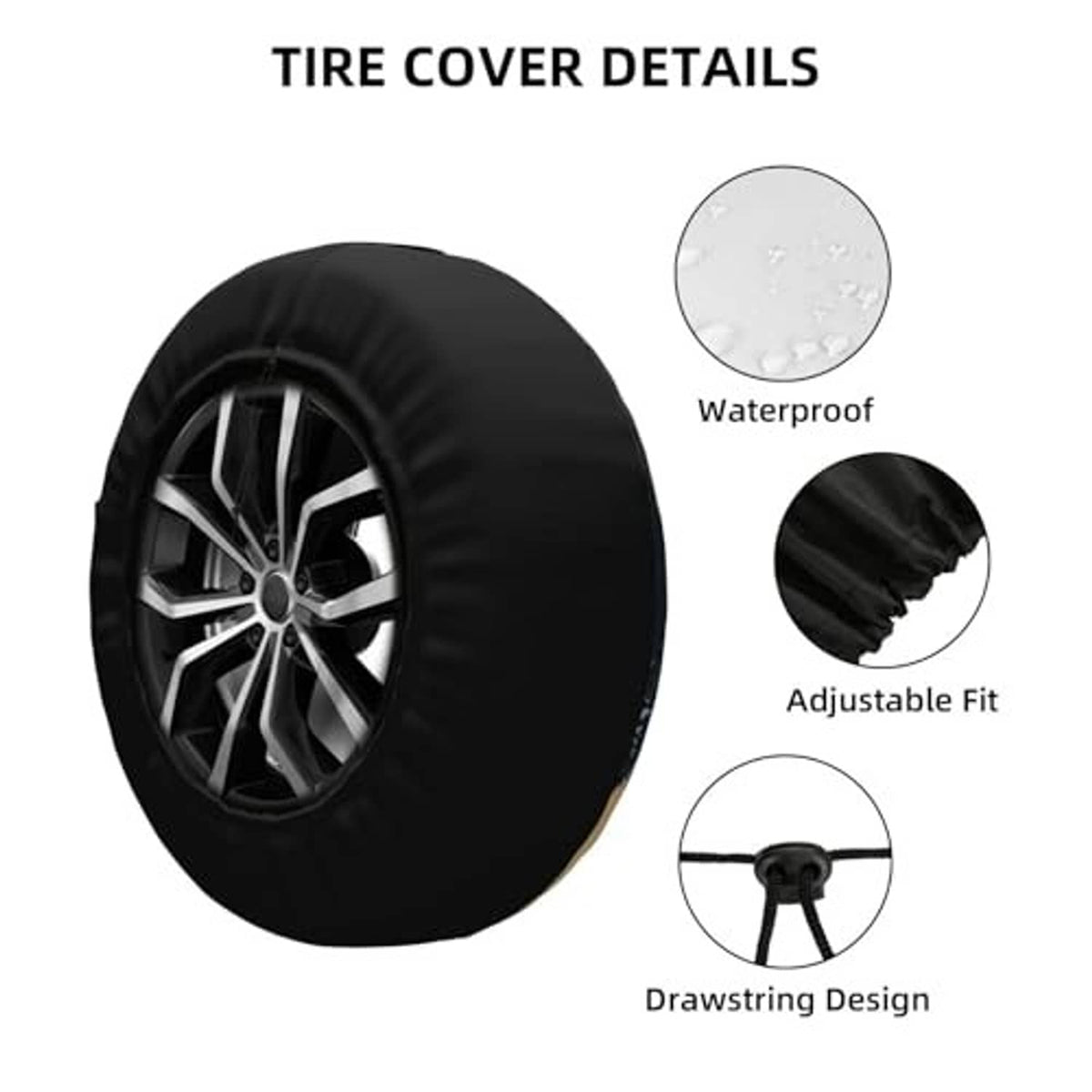Spare tire cover details: black cover with drawstring design and waterproof adjustability