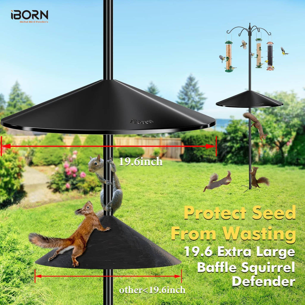 Extra-large black baffle on pole with clamp, 19.6 inch wide seed deflector