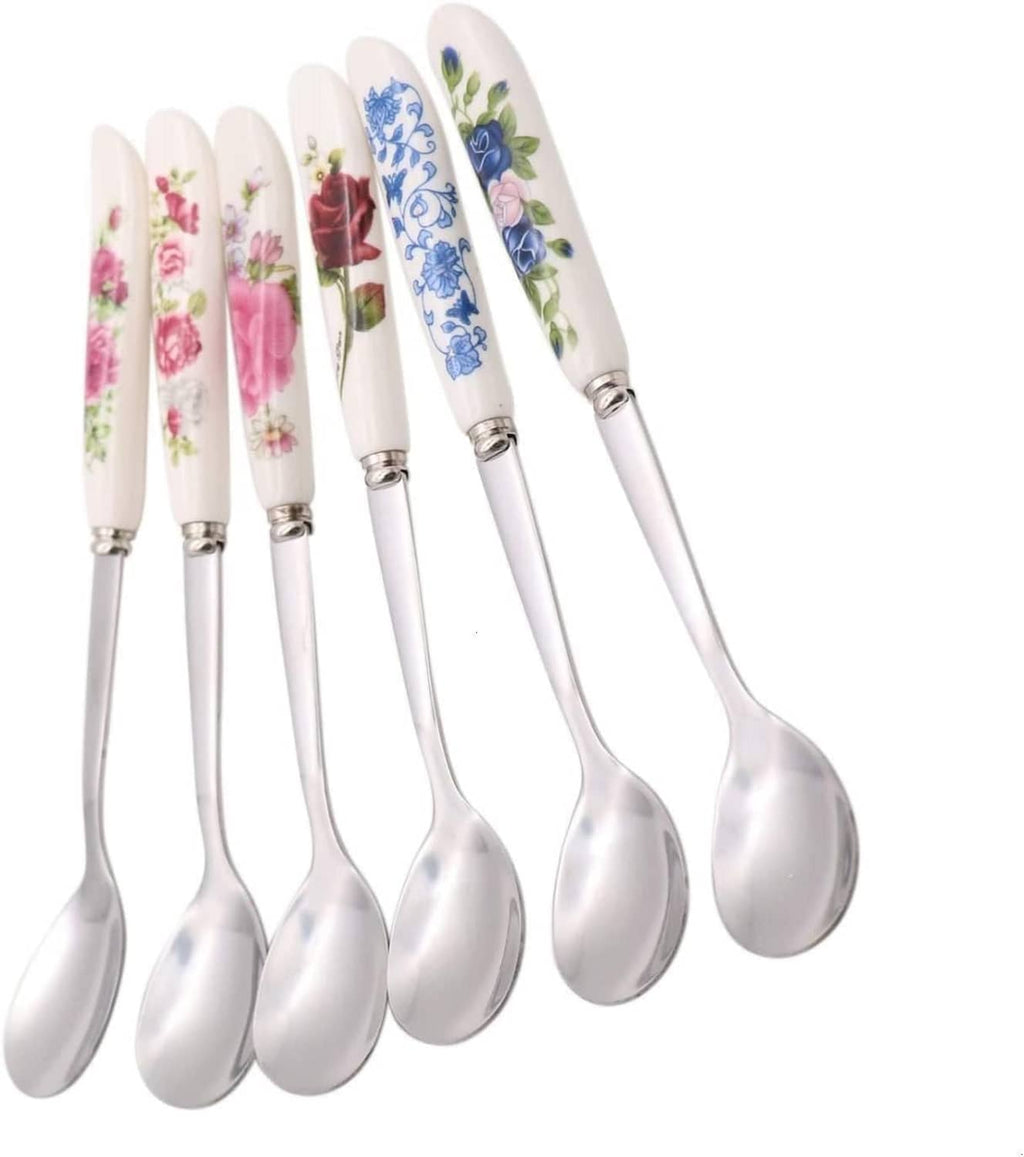 6-pack stainless steel spoons with white ceramic handles and blue, pink, and green floral art