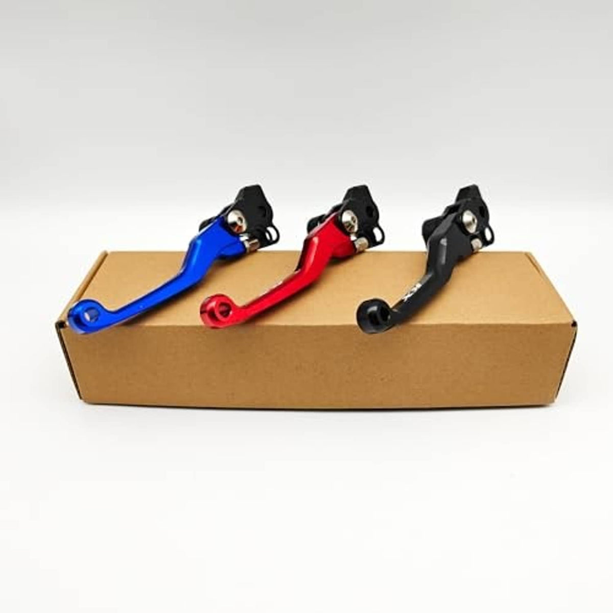 Brake and clutch lever set shown on box: blue, red, and black levers