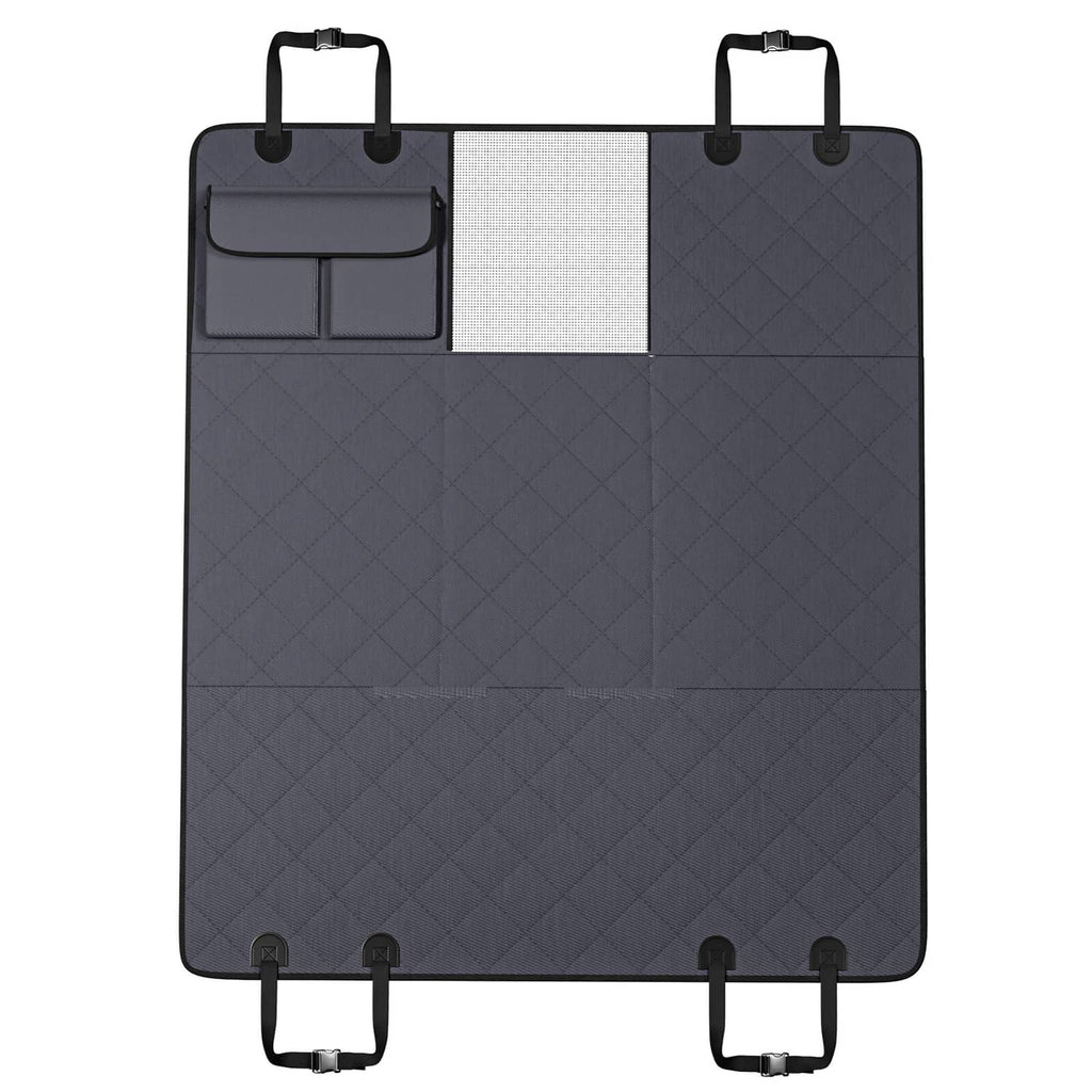 Folded gray quilted dog back seat cover with side pockets and strap clips