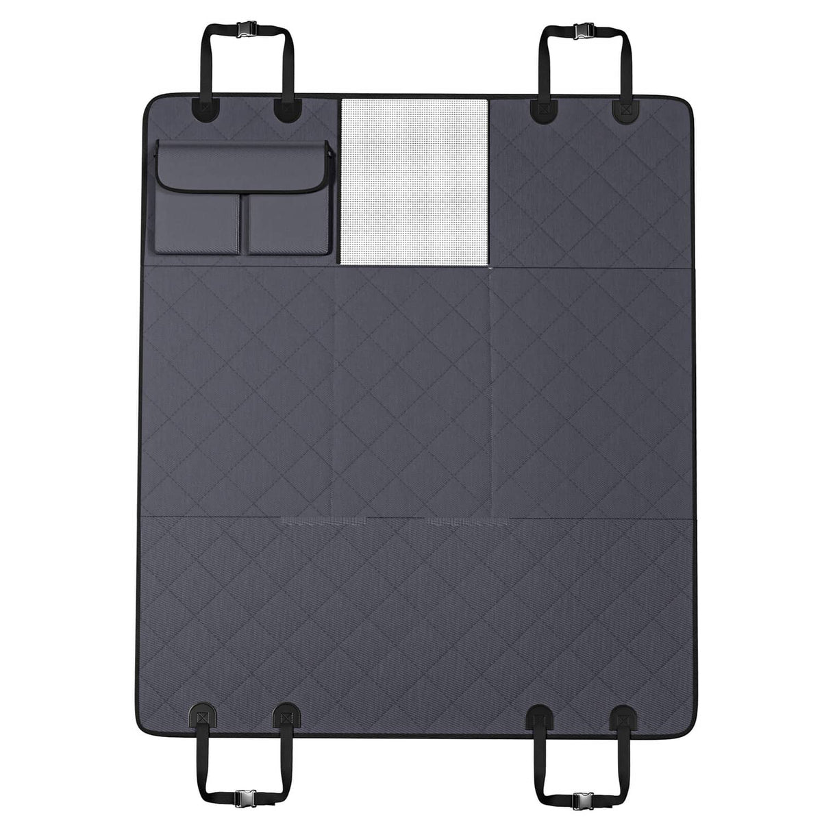 Folded gray quilted dog back seat cover with side pockets and strap clips