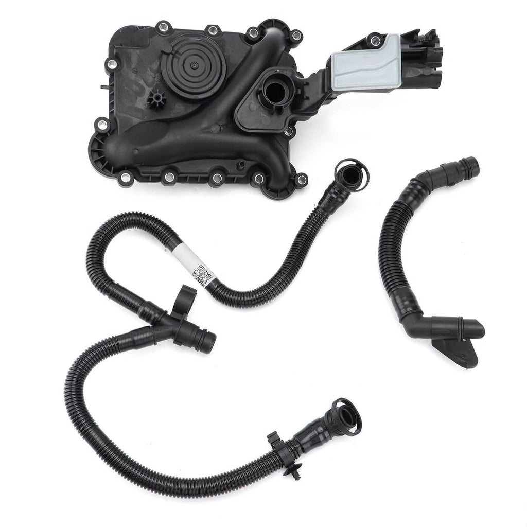 Black engine PCV oil separator cover with vacuum hose ports and electrical connector