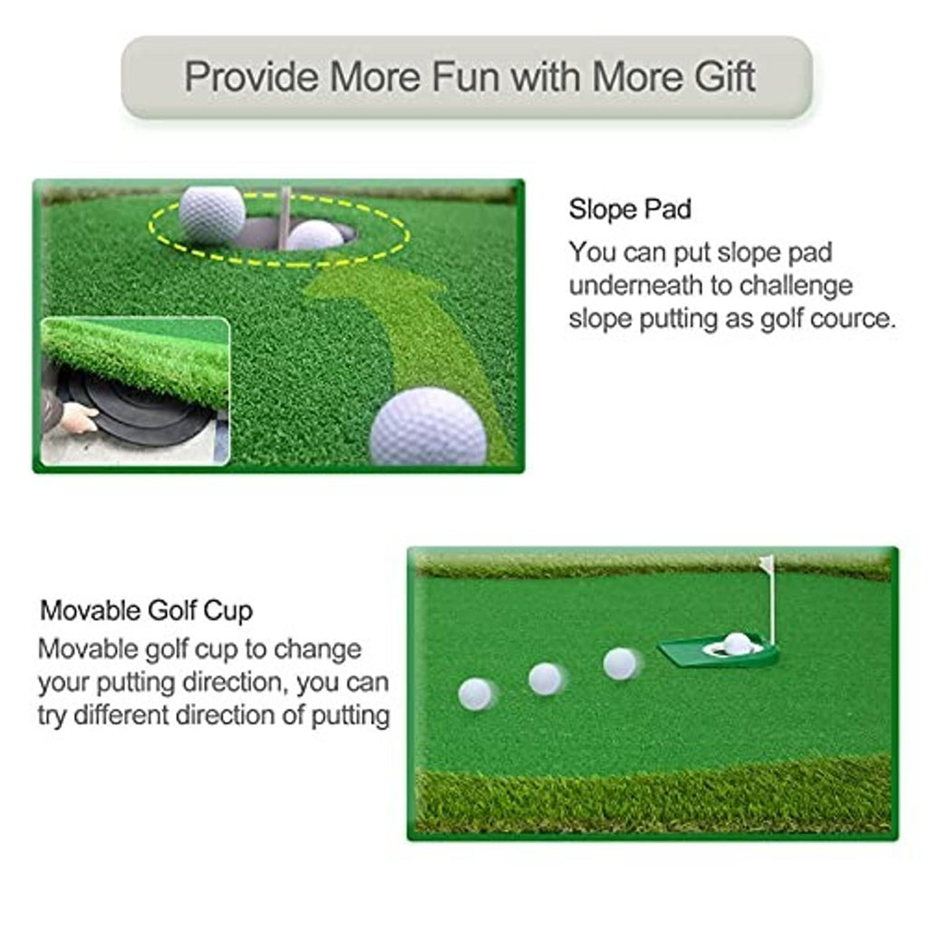 Green putting green mat with ball, removable cup, and small slope training insert