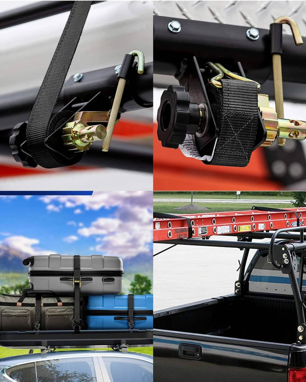 Ladder rack tie-down strap with black webbing, J-hook, and tube mount in use