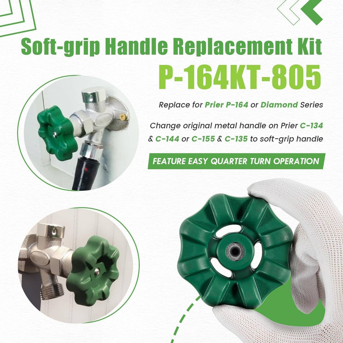 Wall hydrant handle replacement kit with green soft-grip style wheel and metal base