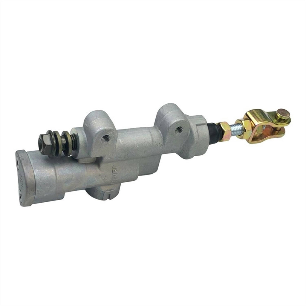 Rear brake master cylinder with gray housing, black boot, and gold tone bolt connector