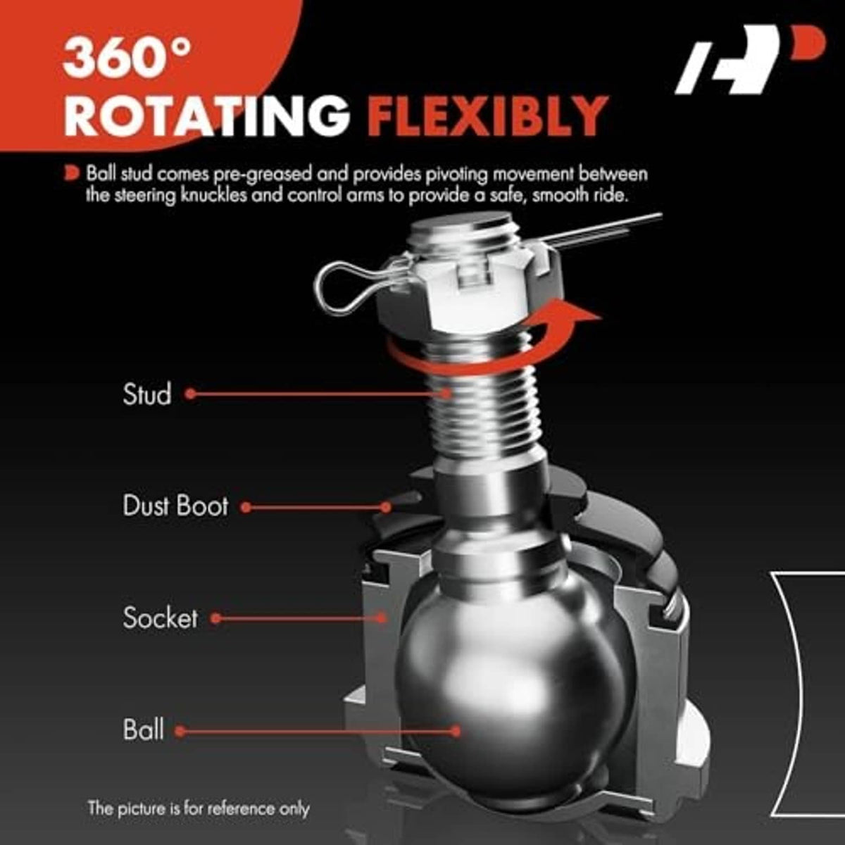 Grease-packed ball joint with metal stud and black dust boot, cutaway view