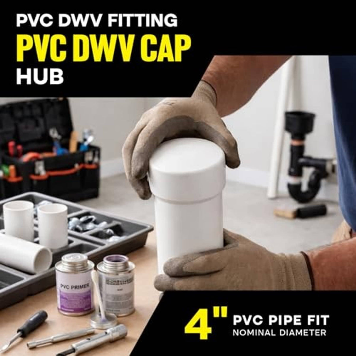 White PVC DWV hub end cap fitting being installed on a 4 inch pipe
