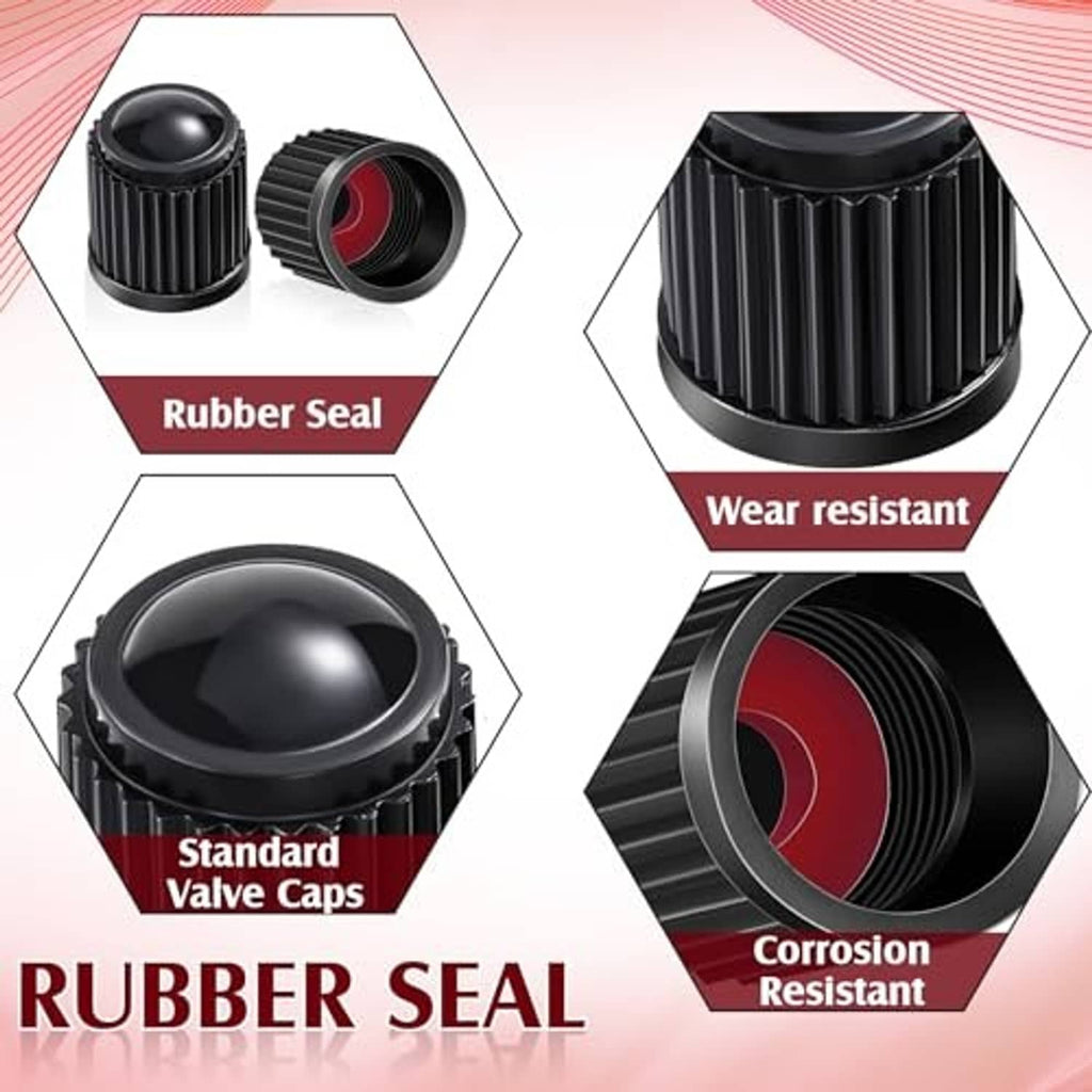 Black ribbed tire valve stem caps with rubber seal, showing wear and corrosion resistance
