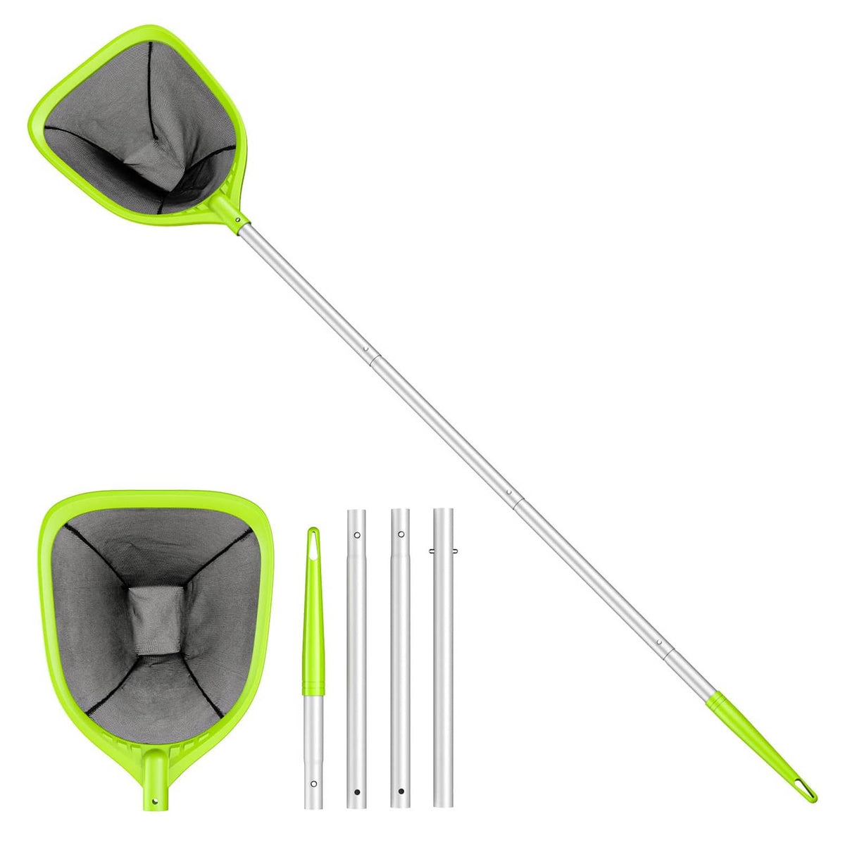 Lime green pool skimmer net with gray mesh and segmented silver extension pole