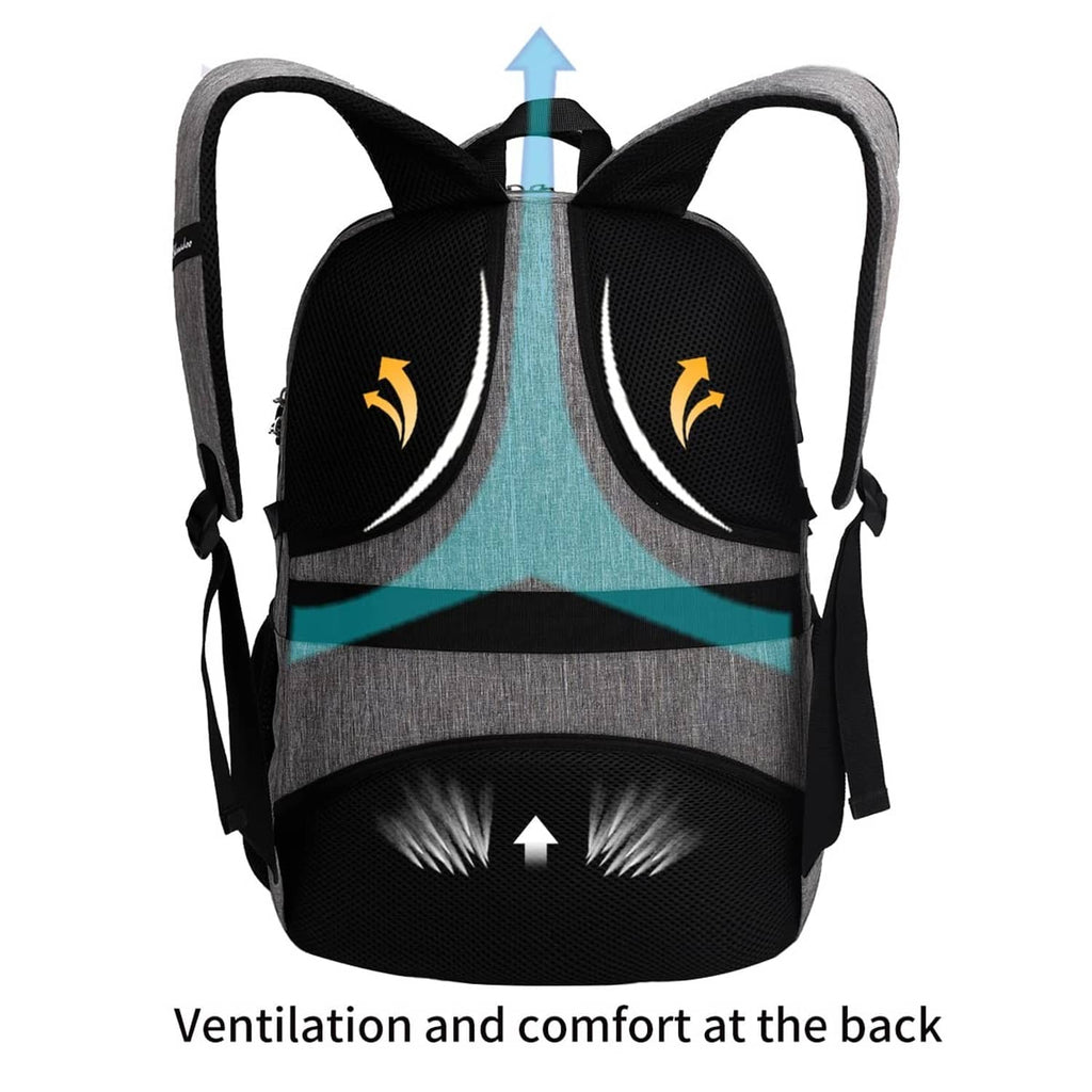 Gray backpack with ventilated back panel and cushioned shoulder straps for comfort.
