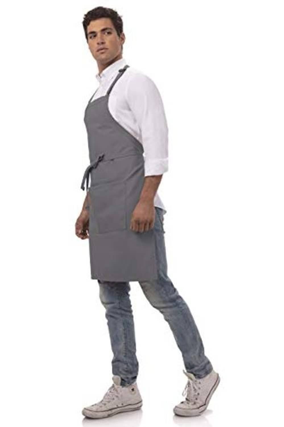 Gray butcher apron side view with neck strap and waist tie, front pocket