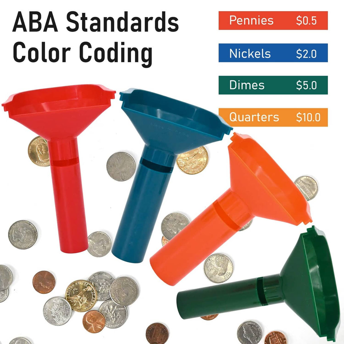 Set of colored coin tubes with loose US coins for easy sorting