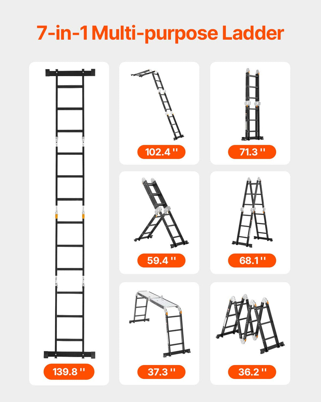 7-in-1 multi-purpose folding ladder showing multiple positions, black with orange accents